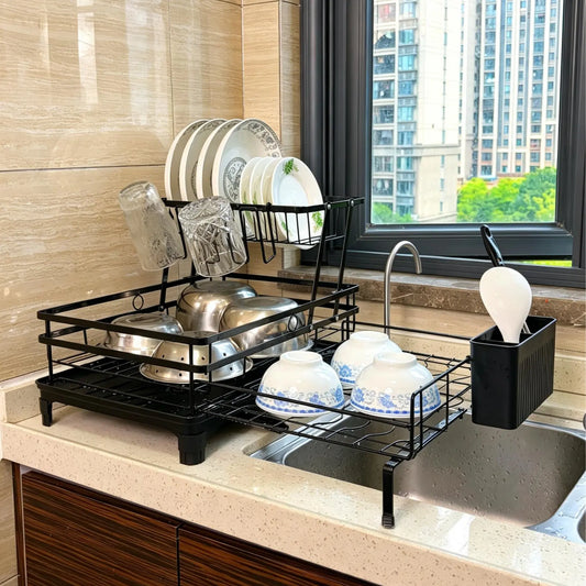 Indoor Recreation 2-Tier Adjustable Over-Sink Expandable Kitchen Dish Drying Rack - 360° Drain, Kitchen Organizer, Dish Storage, Organiser, Storage Holder, Efficient Home Supplies Drying Solution
