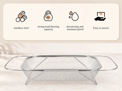 Stainless Steel Expandable Over-The-Sink Colander Strainer Basket, Rectangle Fine Mesh Kitchen Utensils with Handles, Silver Kitchen Essential Supplies, Kitchen Supplies