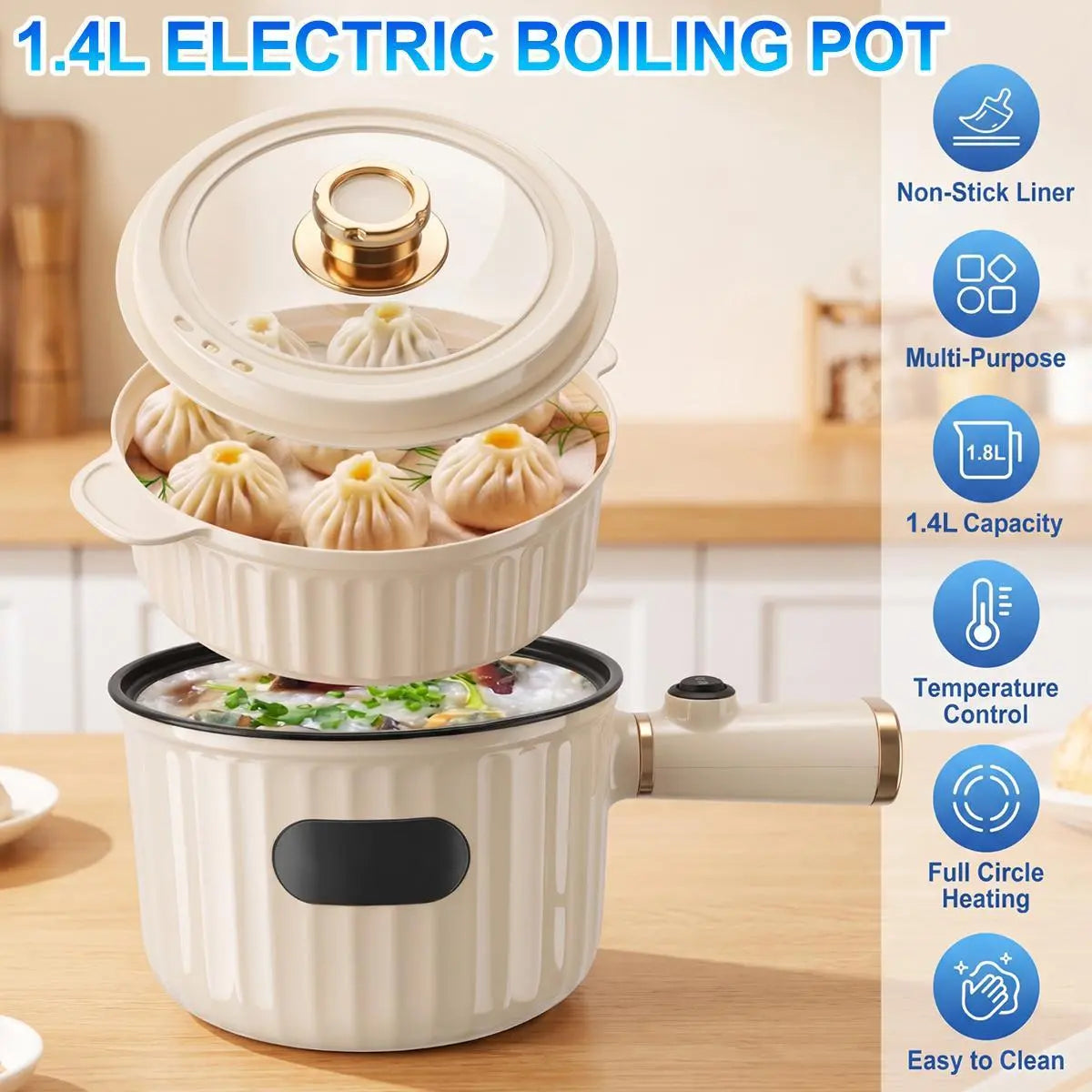 1.4L Compact Non-Stick Electric Hot Pot with Steamer - Portable Heating Cooker with Adjustable Temperature Control, Detachable Plug, and Overheat Protection for Dorm Use