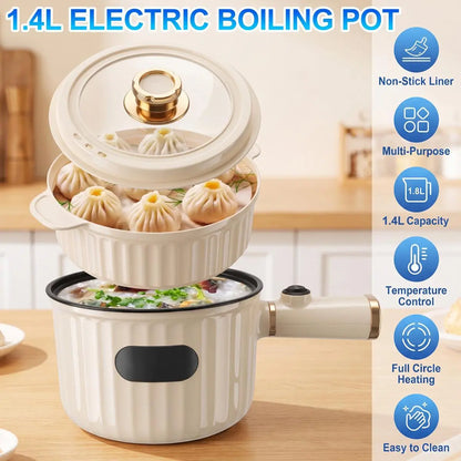 1.4L Compact Non-Stick Electric Hot Pot with Steamer - Portable Heating Cooker with Adjustable Temperature Control, Detachable Plug, and Overheat Protection for Dorm Use