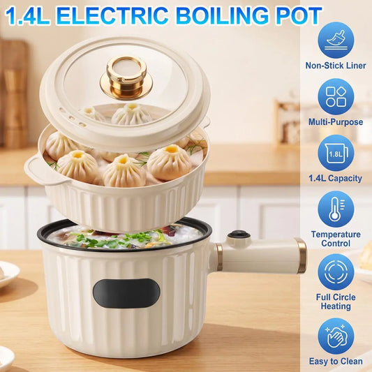 1.4L Compact Non-Stick Electric Hot Pot with Steamer - Portable Heating Cooker with Adjustable Temperature Control, Detachable Plug, and Overheat Protection for Dorm Use