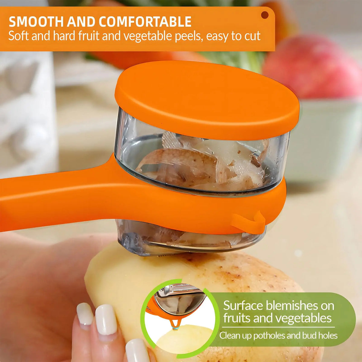 Ergonomic Stainless Steel Vegetable Peeler with Storage Box and Non-Slip Handle for Fruits and Vegetables (Orange)