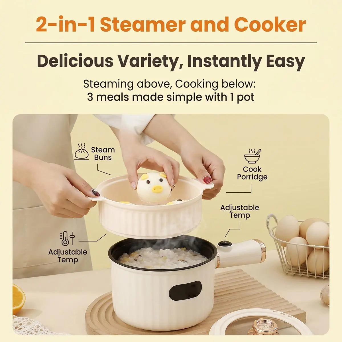 1.4L Compact Non-Stick Electric Hot Pot with Steamer - Portable Heating Cooker with Adjustable Temperature Control, Detachable Plug, and Overheat Protection for Dorm Use