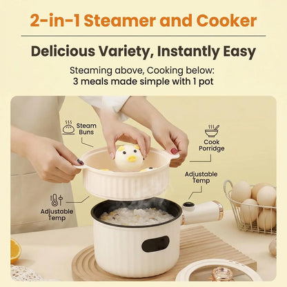 1.4L Compact Non-Stick Electric Hot Pot with Steamer - Portable Heating Cooker with Adjustable Temperature Control, Detachable Plug, and Overheat Protection for Dorm Use