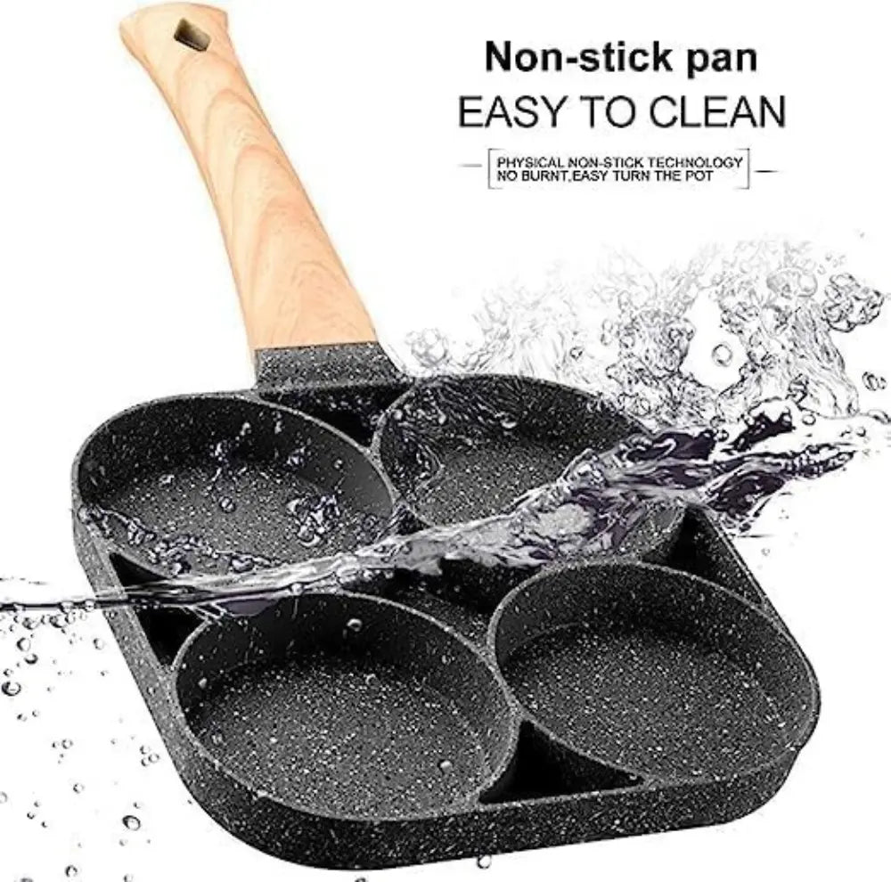 4-Hole Nonstick Medical Stone Coat Aluminium Egg Frying Pan with Wooden Handle, Induction & Stove Compatible Durable Easy-To-Clean Breakfast Omelet Maker Cookware Skillet