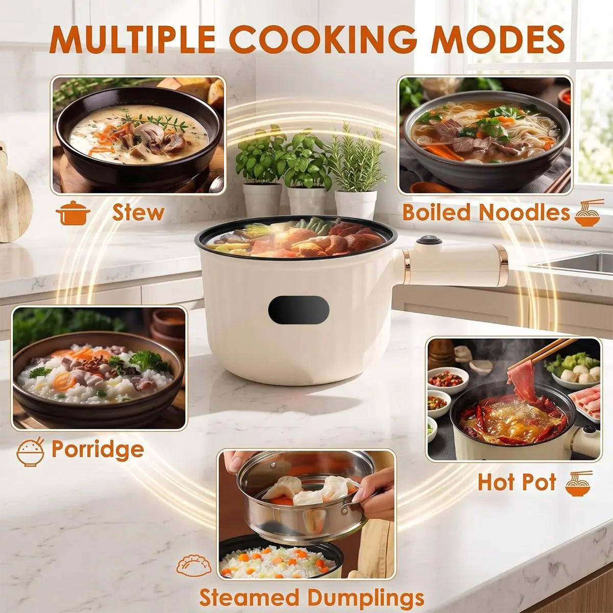 1.4L Compact Non-Stick Electric Hot Pot with Steamer - Portable Heating Cooker with Adjustable Temperature Control, Detachable Plug, and Overheat Protection for Dorm Use