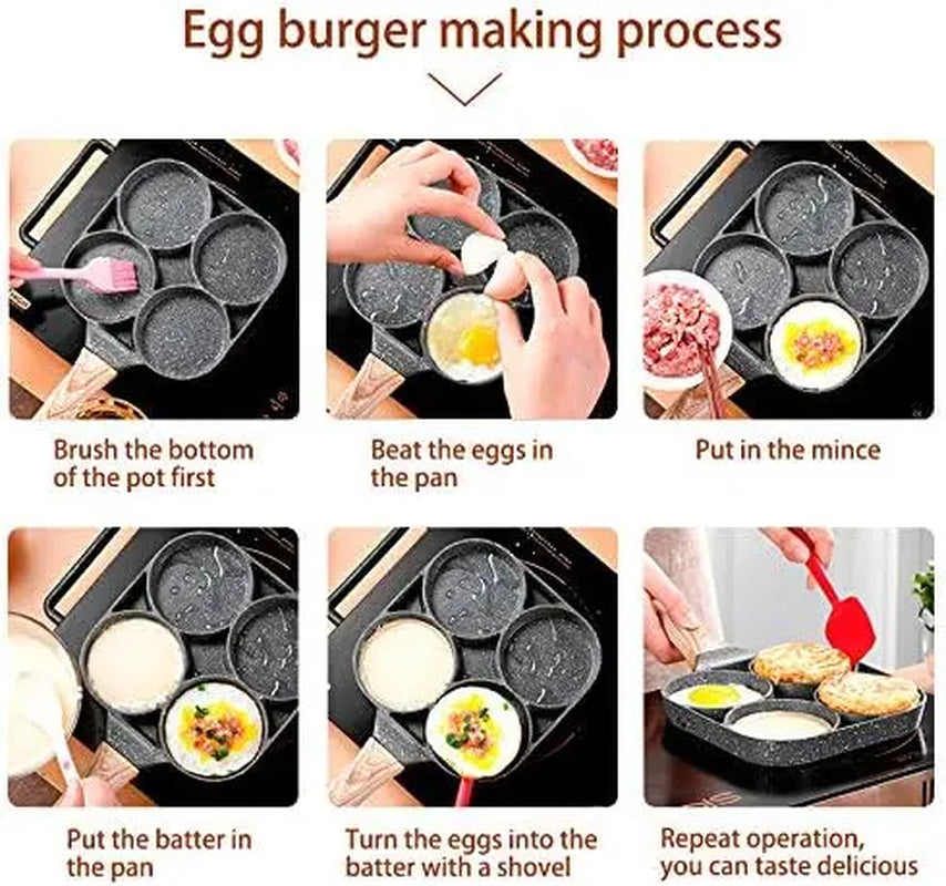 4-Hole Nonstick Medical Stone Coat Aluminium Egg Frying Pan with Wooden Handle, Induction & Stove Compatible Durable Easy-To-Clean Breakfast Omelet Maker Cookware Skillet
