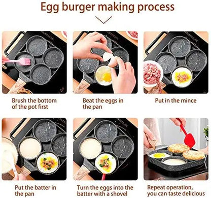4-Hole Nonstick Medical Stone Coat Aluminium Egg Frying Pan with Wooden Handle, Induction & Stove Compatible Durable Easy-To-Clean Breakfast Omelet Maker Cookware Skillet