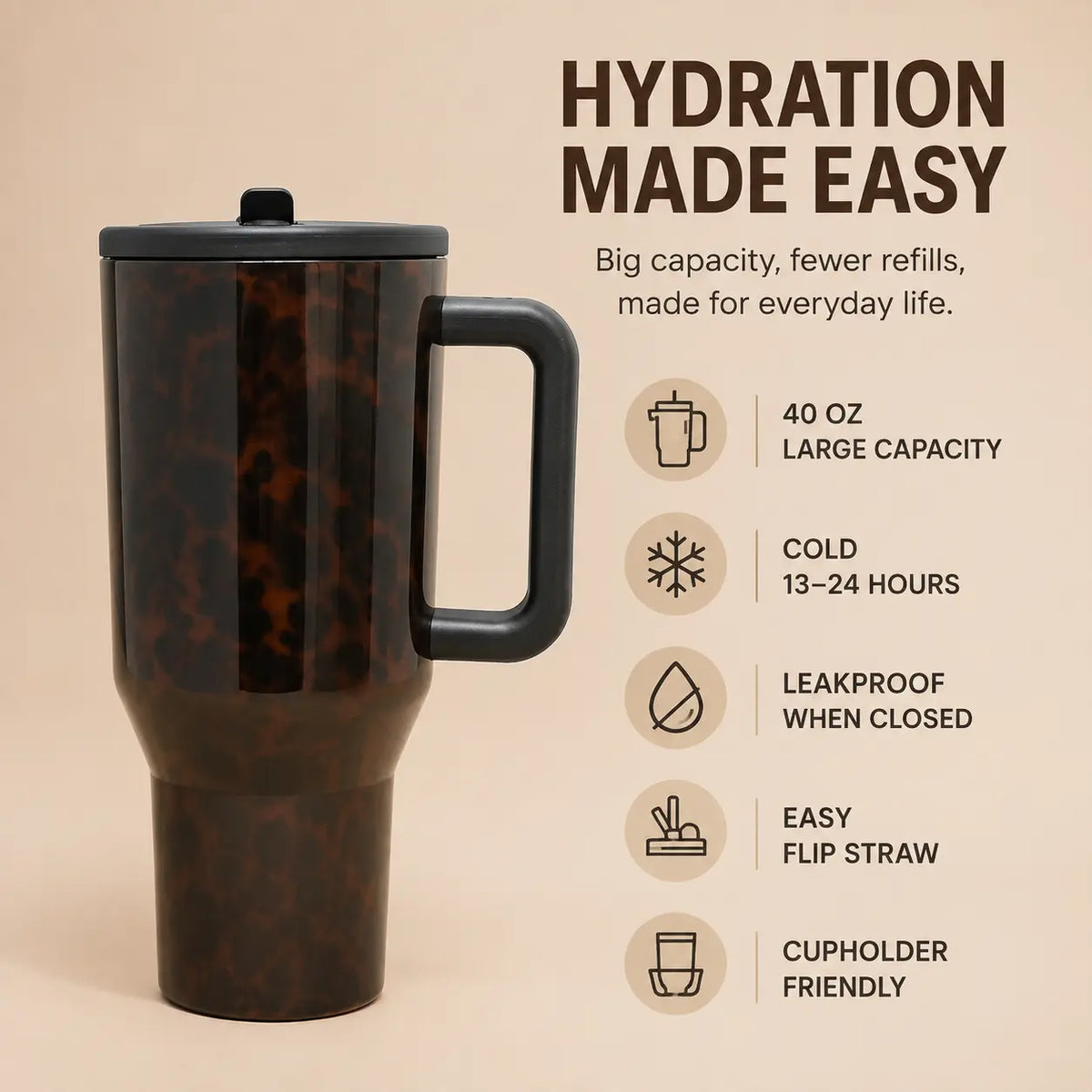Hydrojug Traveler 40 oz Dark Tortoise Tumbler - Insulated Stainless Steel Water Bottle with Handle and Leakproof Flip Straw Lid, Ideal for Gym and Travel, 13-24 Hour Cold Retention