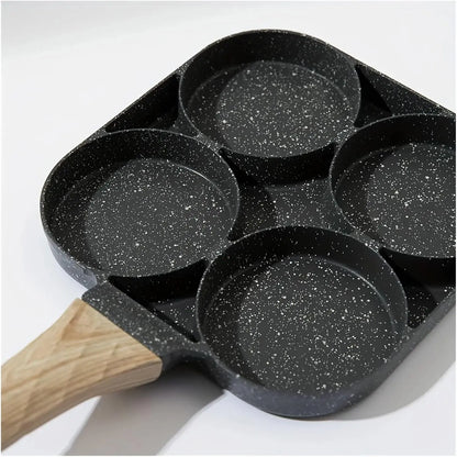4-Hole Nonstick Medical Stone Coat Aluminium Egg Frying Pan with Wooden Handle, Induction & Stove Compatible Durable Easy-To-Clean Breakfast Omelet Maker Cookware Skillet