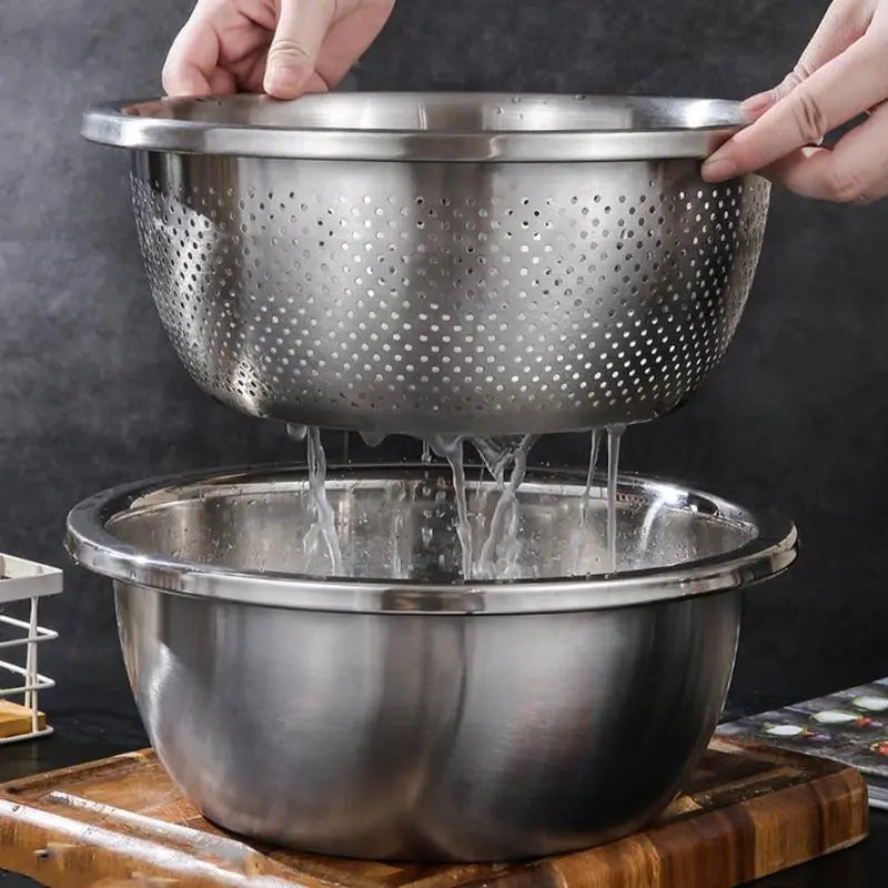 Homeessentials Multifunctional Cutting Machine - 3-in-1 Stainless Steel Strainer Set with Basin, Sieve, and Cutter for Washing Rice, Fruits, and Vegetables - Essential Kitchen Tool