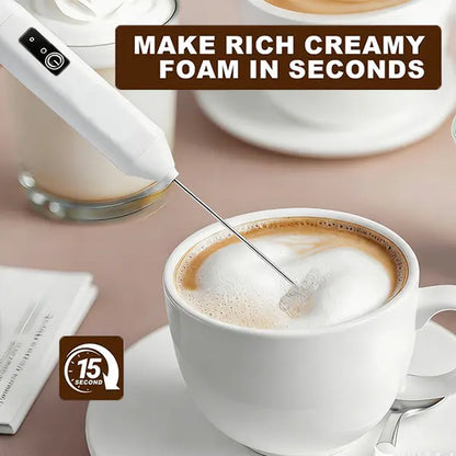 High-Powered Compact Cappuccino Milk Frother with USB-C Rechargeable Electric Foam Maker, Dual Stainless Steel Whisks, 3 Speed Settings, and One-Button Operation - Lightweight Portable Mixer for Coffee and Protein Drinks