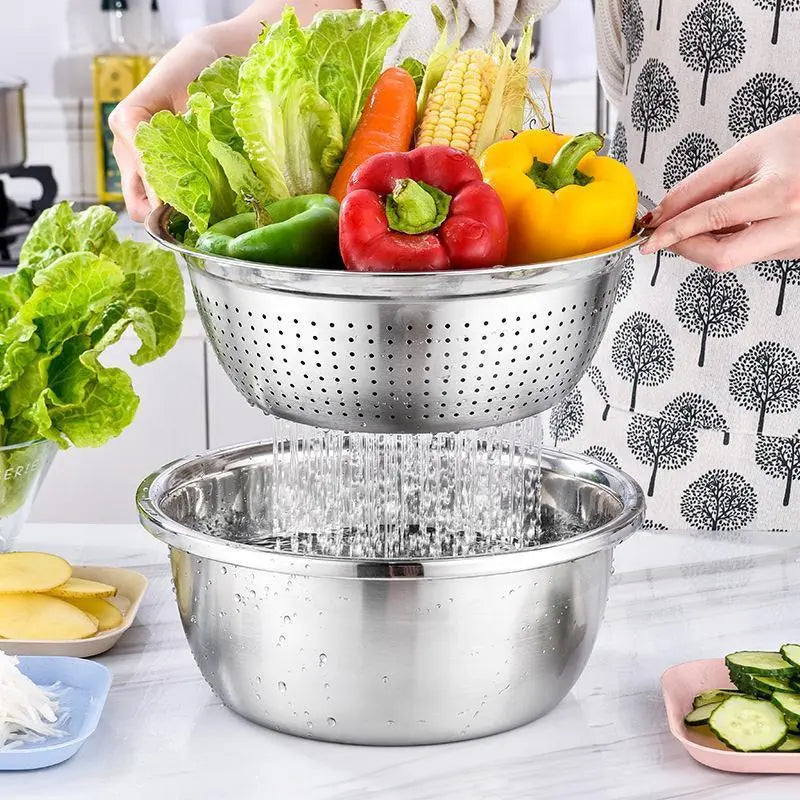 Homeessentials Multifunctional Cutting Machine - 3-in-1 Stainless Steel Strainer Set with Basin, Sieve, and Cutter for Washing Rice, Fruits, and Vegetables - Essential Kitchen Tool