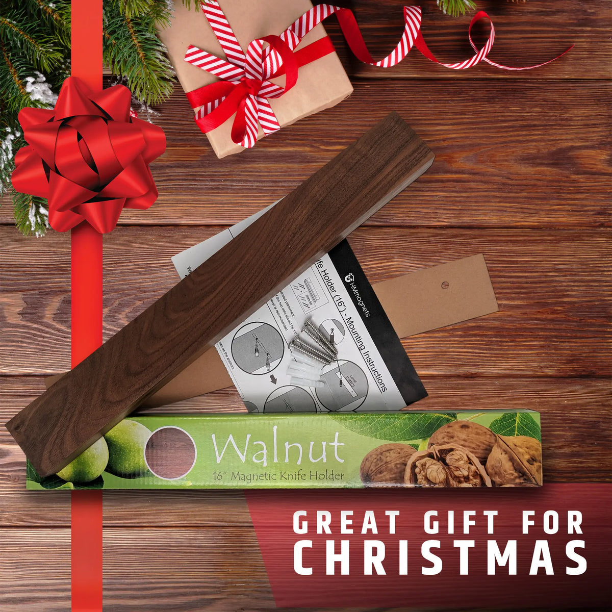 Premium Dark Walnut Wood Magnetic Knife Holder for Wall | 16 Inch | Upgraded Version | Professional Wooden Magnetic Knife Strip - Space-Saving Knife Rack/Knife Bar