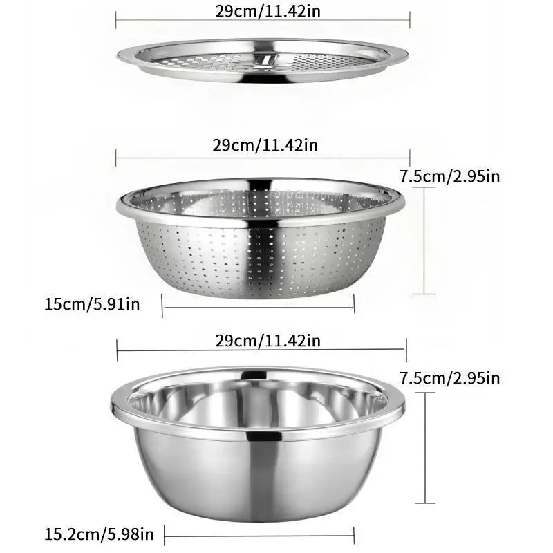 Homeessentials Multifunctional Cutting Machine - 3-in-1 Stainless Steel Strainer Set with Basin, Sieve, and Cutter for Washing Rice, Fruits, and Vegetables - Essential Kitchen Tool