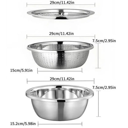 Homeessentials Multifunctional Cutting Machine - 3-in-1 Stainless Steel Strainer Set with Basin, Sieve, and Cutter for Washing Rice, Fruits, and Vegetables - Essential Kitchen Tool