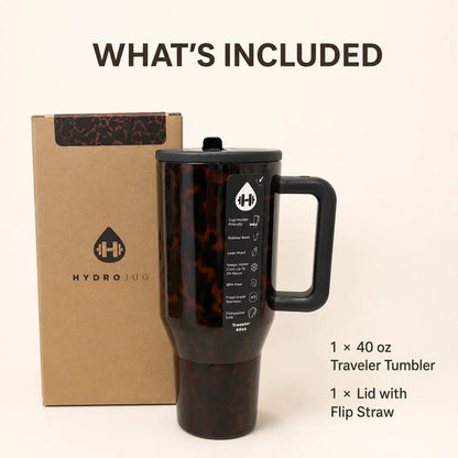 Hydrojug Traveler 40 oz Dark Tortoise Tumbler - Insulated Stainless Steel Water Bottle with Handle and Leakproof Flip Straw Lid, Ideal for Gym and Travel, 13-24 Hour Cold Retention