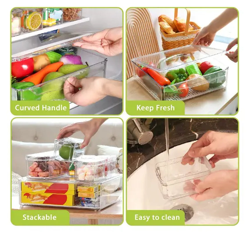 10 Pack Refrigerator Pantry Organizer Bins Stackable Fridge Organizer Bins with Lids Container Kitchen Set Storage Clear PET Material Odor-Resistant Space-Saving
