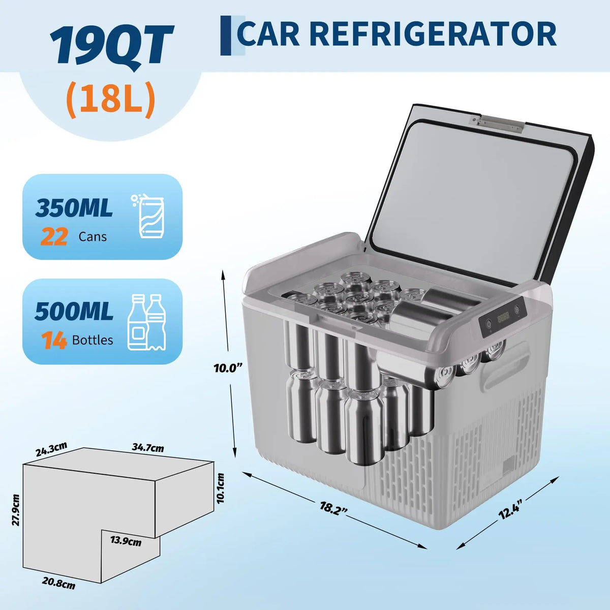Garvee Portable Compressor Beverage Refrigerator Cooler - 18L (19QT, 20.5" X 14.6" X 16.3"), 12/24V DC, Temperature Range -4°F to 68°F, Versatile Polypropylene Fridge for Car and RV Travel