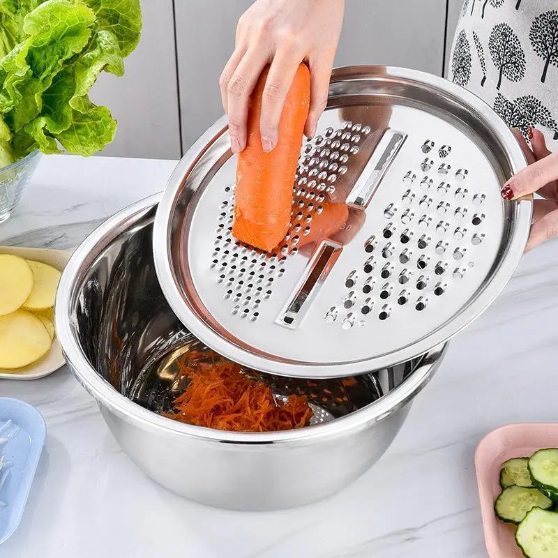 Homeessentials Multifunctional Cutting Machine - 3-in-1 Stainless Steel Strainer Set with Basin, Sieve, and Cutter for Washing Rice, Fruits, and Vegetables - Essential Kitchen Tool