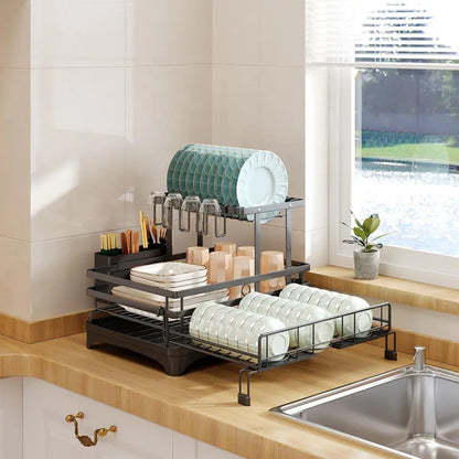 Indoor Recreation 2-Tier Adjustable Over-Sink Expandable Kitchen Dish Drying Rack - 360° Drain, Kitchen Organizer, Dish Storage, Organiser, Storage Holder, Efficient Home Supplies Drying Solution