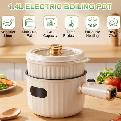 1.4L Compact Non-Stick Electric Hot Pot with Steamer - Portable Heating Cooker with Adjustable Temperature Control, Detachable Plug, and Overheat Protection for Dorm Use