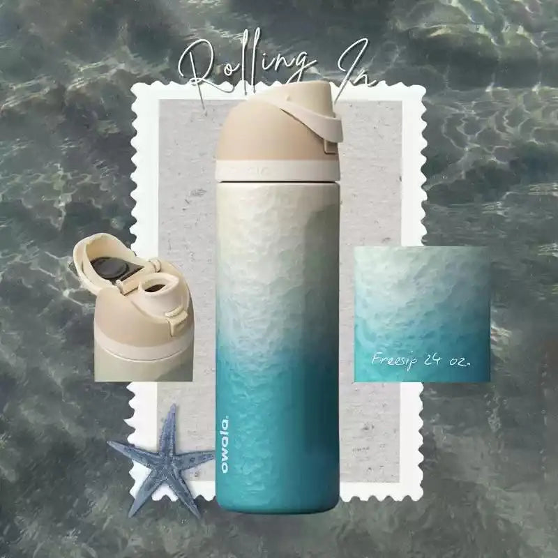 Owala Freesip Limited Edition 24 Oz Stainless Steel Insulated Tumbler - Gradient Blue with 3D Wave Pattern, Dual Drinking Design, Quick-Close Lid, Portable Vacuum Flask for Sports and Beach Activities, Perfect for Gifting