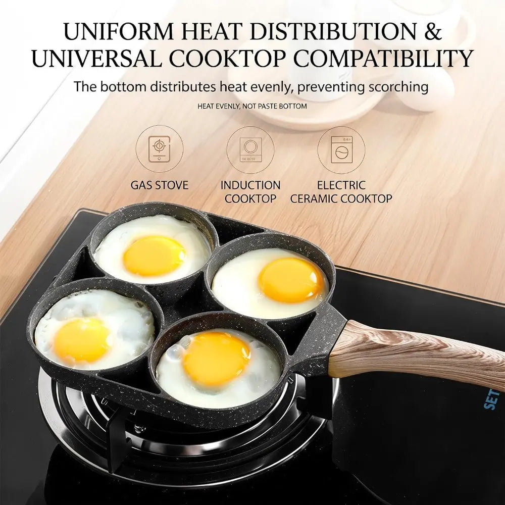 4-Hole Nonstick Medical Stone Coat Aluminium Egg Frying Pan with Wooden Handle, Induction & Stove Compatible Durable Easy-To-Clean Breakfast Omelet Maker Cookware Skillet
