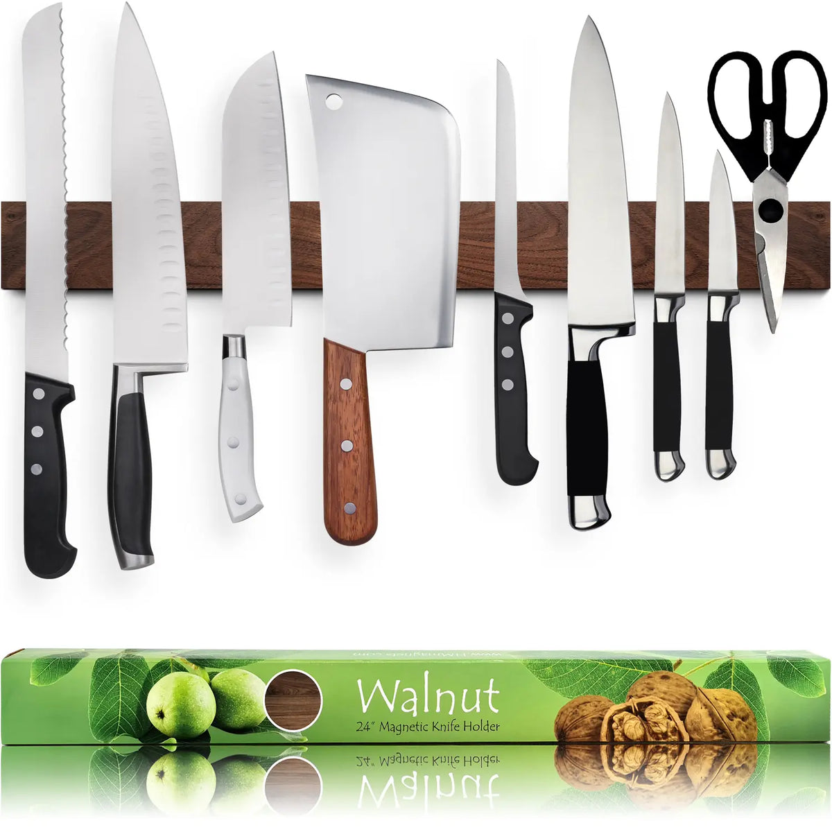 Premium Dark Walnut Wood Magnetic Knife Holder for Wall | 16 Inch | Upgraded Version | Professional Wooden Magnetic Knife Strip - Space-Saving Knife Rack/Knife Bar