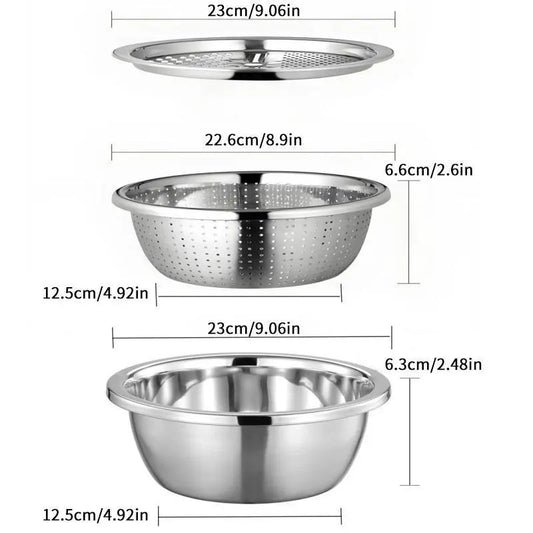 Homeessentials Multifunctional Cutting Machine - 3-in-1 Stainless Steel Strainer Set with Basin, Sieve, and Cutter for Washing Rice, Fruits, and Vegetables - Essential Kitchen Tool