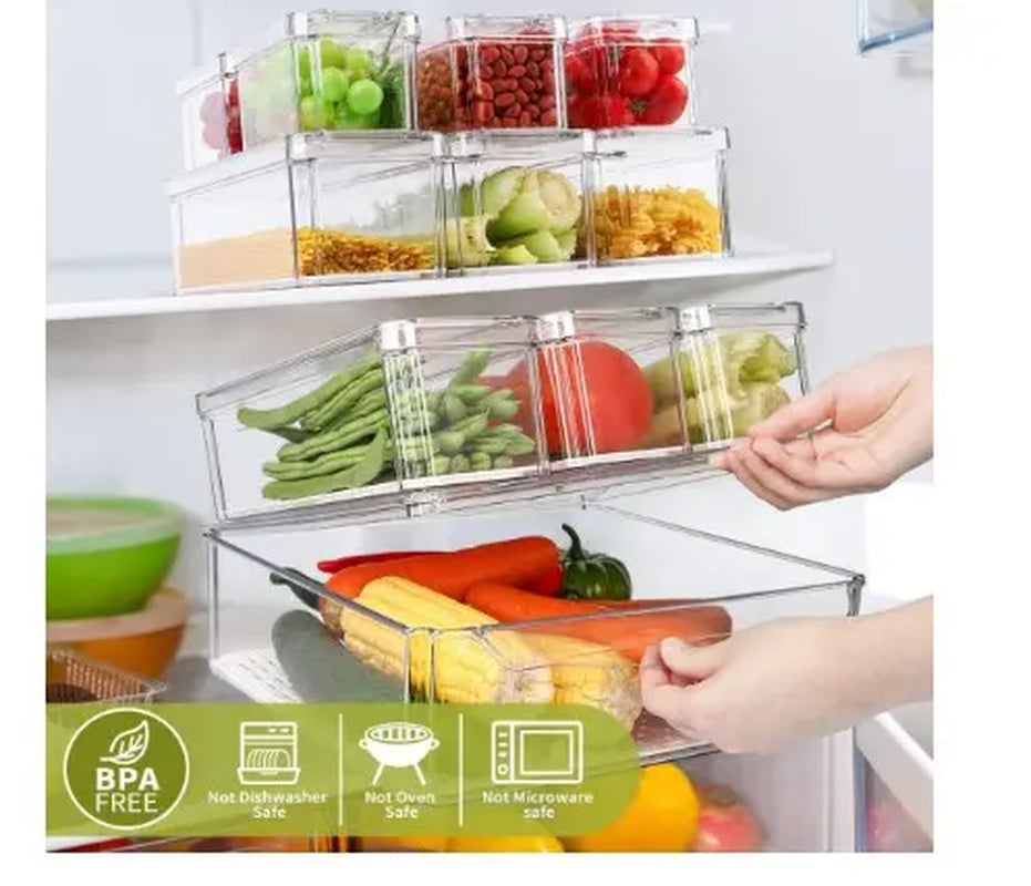 10 Pack Refrigerator Pantry Organizer Bins Stackable Fridge Organizer Bins with Lids Container Kitchen Set Storage Clear PET Material Odor-Resistant Space-Saving