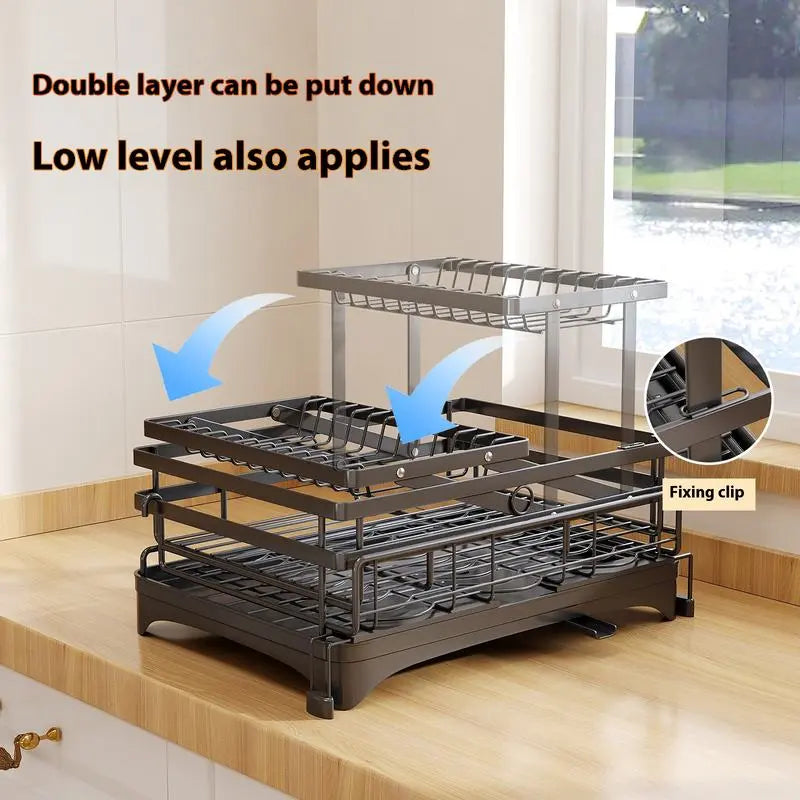 Indoor Recreation 2-Tier Adjustable Over-Sink Expandable Kitchen Dish Drying Rack - 360° Drain, Kitchen Organizer, Dish Storage, Organiser, Storage Holder, Efficient Home Supplies Drying Solution