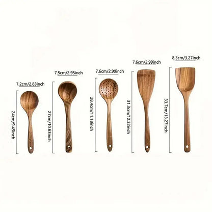 5-Piece Solid Wood Kitchen Utensil Set - Heat-Resistant Ergonomic Cooking Tools (Spatula, Slotted Turner, Ladle, Serving Spoon) - Durable, Easy-Clean, Eco-Friendly Accessories for Non-Stick Cookware, Ideal Gift for Home Kitchen and Parties, Sohochic