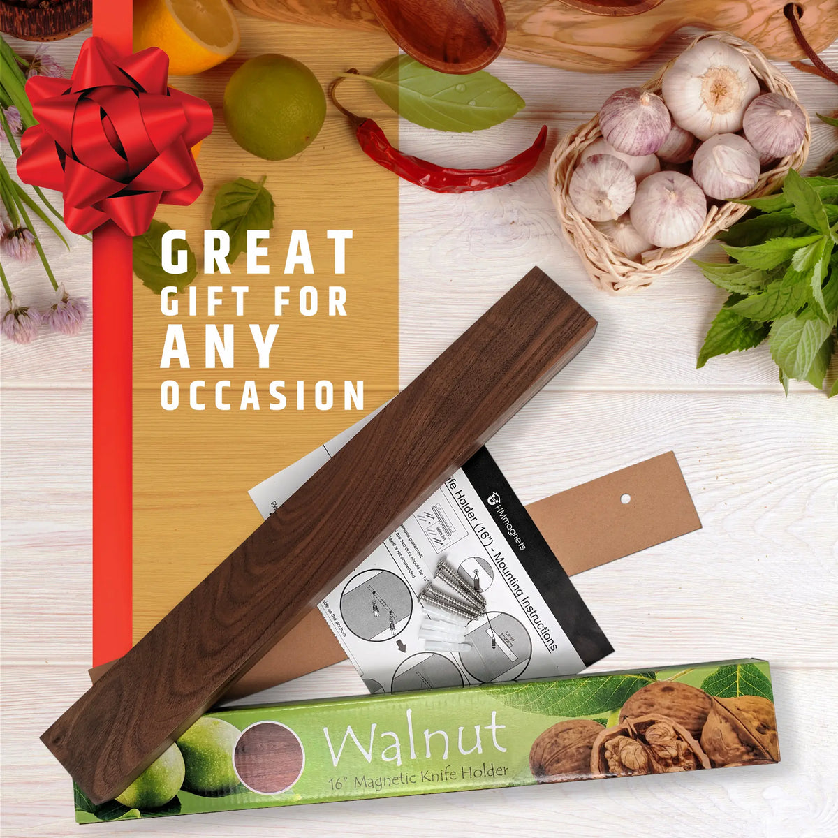 Premium Dark Walnut Wood Magnetic Knife Holder for Wall | 16 Inch | Upgraded Version | Professional Wooden Magnetic Knife Strip - Space-Saving Knife Rack/Knife Bar