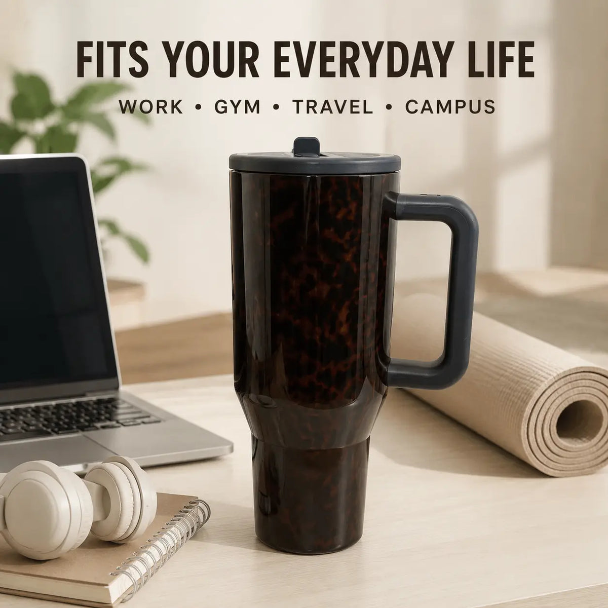 Hydrojug Traveler 40 oz Dark Tortoise Tumbler - Insulated Stainless Steel Water Bottle with Handle and Leakproof Flip Straw Lid, Ideal for Gym and Travel, 13-24 Hour Cold Retention
