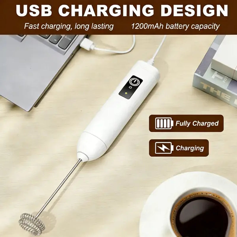 High-Powered Compact Cappuccino Milk Frother with USB-C Rechargeable Electric Foam Maker, Dual Stainless Steel Whisks, 3 Speed Settings, and One-Button Operation - Lightweight Portable Mixer for Coffee and Protein Drinks