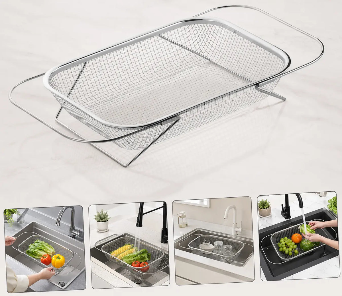 Stainless Steel Expandable Over-The-Sink Colander Strainer Basket, Rectangle Fine Mesh Kitchen Utensils with Handles, Silver Kitchen Essential Supplies, Kitchen Supplies