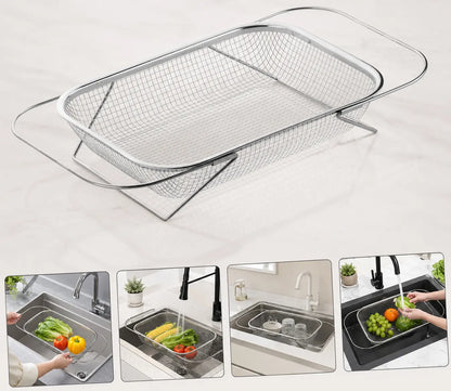 Stainless Steel Expandable Over-The-Sink Colander Strainer Basket, Rectangle Fine Mesh Kitchen Utensils with Handles, Silver Kitchen Essential Supplies, Kitchen Supplies