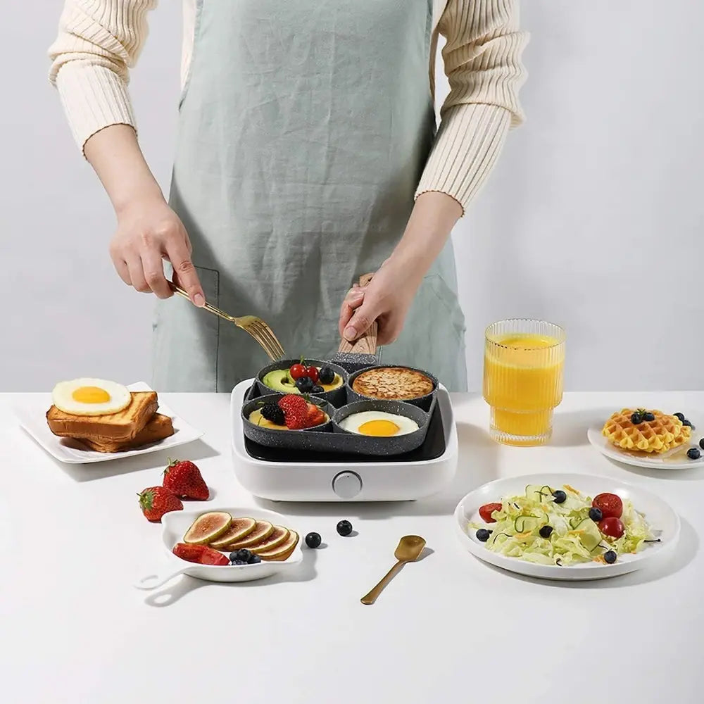 4-Hole Nonstick Medical Stone Coat Aluminium Egg Frying Pan with Wooden Handle, Induction & Stove Compatible Durable Easy-To-Clean Breakfast Omelet Maker Cookware Skillet
