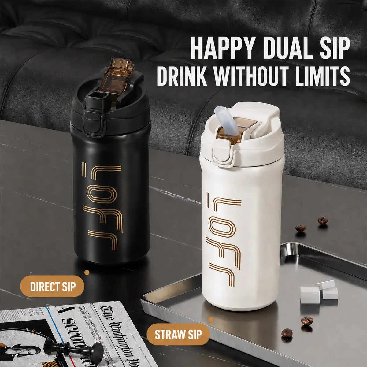 Soher Classic Stylish Stainless Steel Portable Insulated Thermal Mug - Leak-Proof Single Tumbler with Secure Locking Flip Lid, Wide Mouth Reusable Vacuum Flask for Office, Car Use