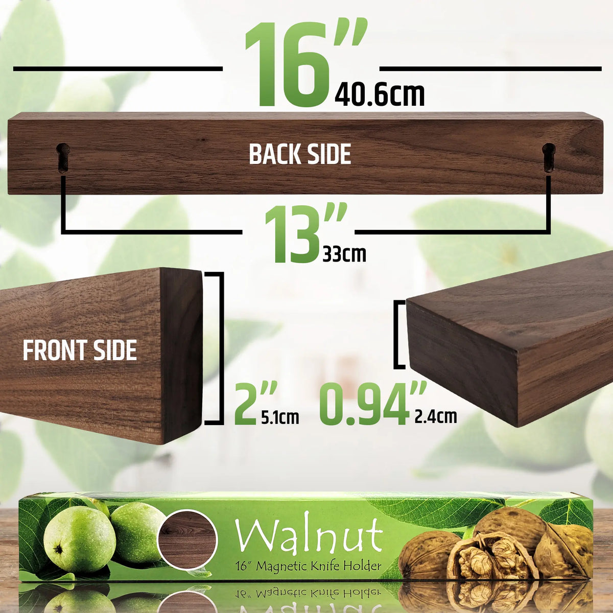 Premium Dark Walnut Wood Magnetic Knife Holder for Wall | 16 Inch | Upgraded Version | Professional Wooden Magnetic Knife Strip - Space-Saving Knife Rack/Knife Bar