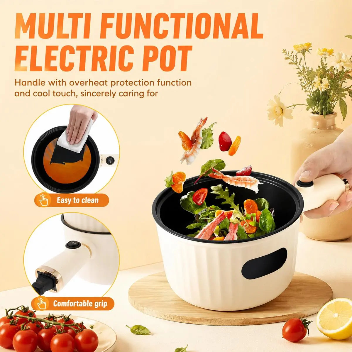 1.4L Compact Non-Stick Electric Hot Pot with Steamer - Portable Heating Cooker with Adjustable Temperature Control, Detachable Plug, and Overheat Protection for Dorm Use