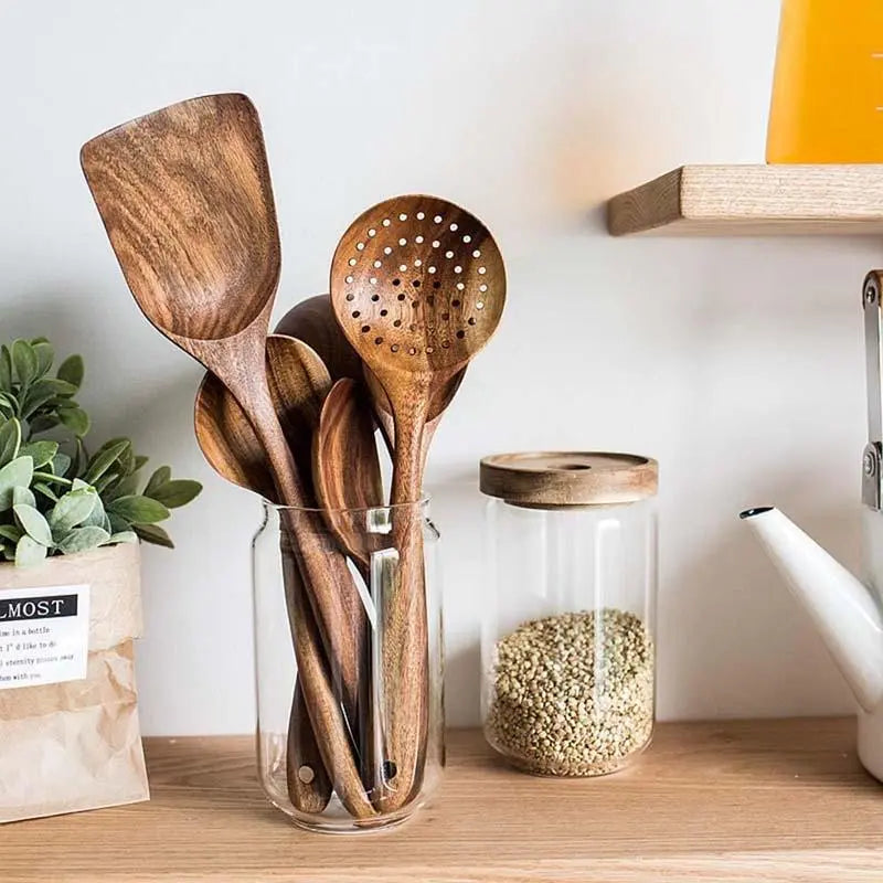 5-Piece Solid Wood Kitchen Utensil Set - Heat-Resistant Ergonomic Cooking Tools (Spatula, Slotted Turner, Ladle, Serving Spoon) - Durable, Easy-Clean, Eco-Friendly Accessories for Non-Stick Cookware, Ideal Gift for Home Kitchen and Parties, Sohochic