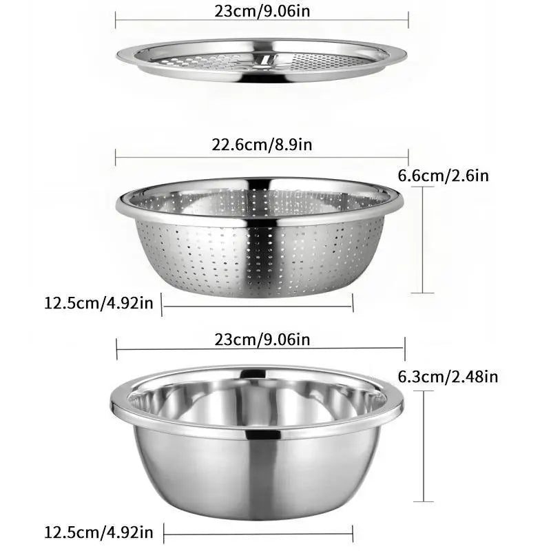 Homeessentials Multifunctional Cutting Machine - 3-in-1 Stainless Steel Strainer Set with Basin, Sieve, and Cutter for Washing Rice, Fruits, and Vegetables - Essential Kitchen Tool