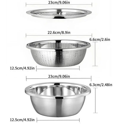 Homeessentials Multifunctional Cutting Machine - 3-in-1 Stainless Steel Strainer Set with Basin, Sieve, and Cutter for Washing Rice, Fruits, and Vegetables - Essential Kitchen Tool