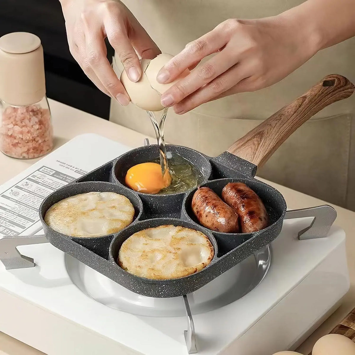 4-Hole Nonstick Medical Stone Coat Aluminium Egg Frying Pan with Wooden Handle, Induction & Stove Compatible Durable Easy-To-Clean Breakfast Omelet Maker Cookware Skillet