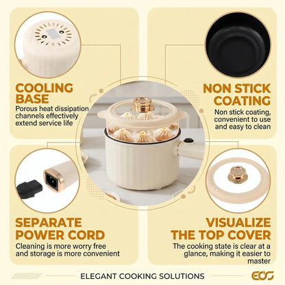 1.4L Compact Non-Stick Electric Hot Pot with Steamer - Portable Heating Cooker with Adjustable Temperature Control, Detachable Plug, and Overheat Protection for Dorm Use
