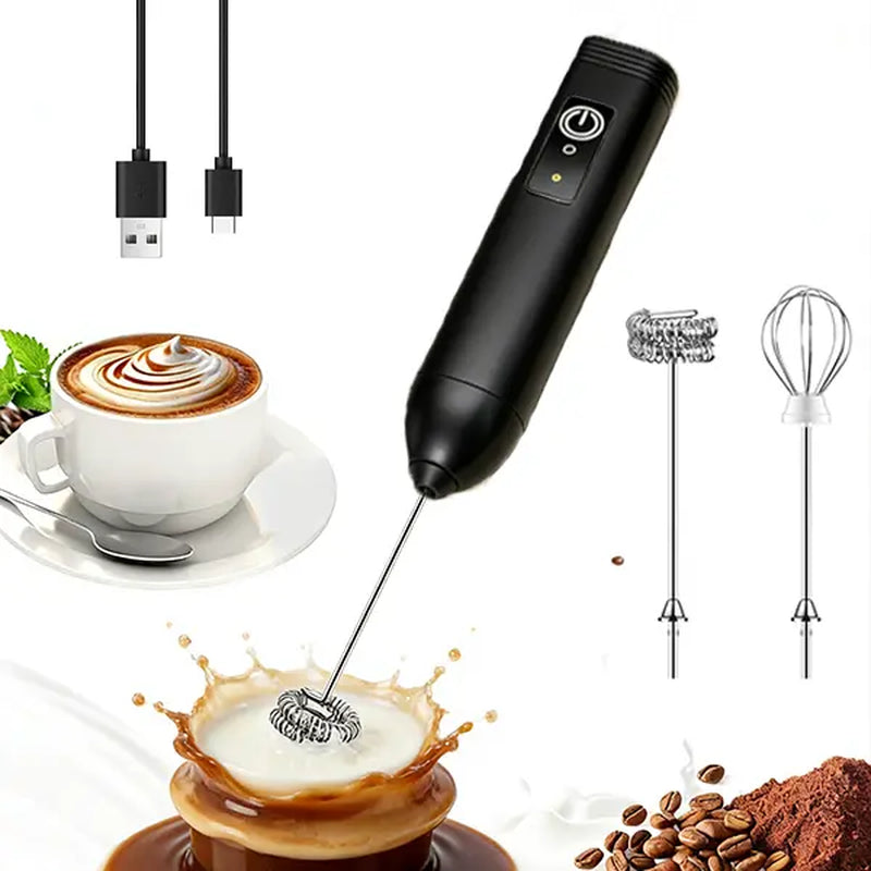 High-Powered Compact Cappuccino Milk Frother with USB-C Rechargeable Electric Foam Maker, Dual Stainless Steel Whisks, 3 Speed Settings, and One-Button Operation - Lightweight Portable Mixer for Coffee and Protein Drinks