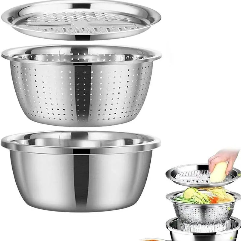 Homeessentials Multifunctional Cutting Machine - 3-in-1 Stainless Steel Strainer Set with Basin, Sieve, and Cutter for Washing Rice, Fruits, and Vegetables - Essential Kitchen Tool