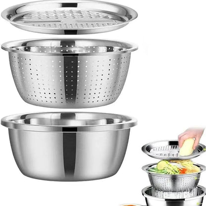 Homeessentials Multifunctional Cutting Machine - 3-in-1 Stainless Steel Strainer Set with Basin, Sieve, and Cutter for Washing Rice, Fruits, and Vegetables - Essential Kitchen Tool
